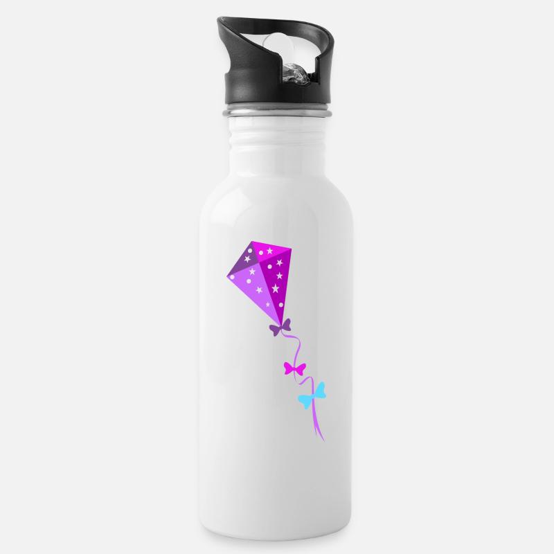 Bunter Drachen - Trinkflasche mit integriertem Trinkhalm - Weiß
