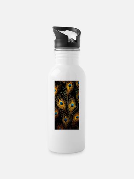 Pfauenfedern - Trinkflasche mit integriertem Trinkhalm - Weiß