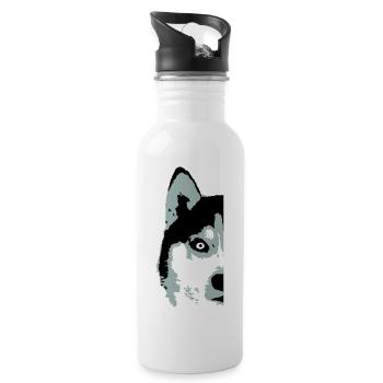 Hund Weißer Husky Halbes Gesicht Kopf Schön Cool - Trinkflasche mit integriertem Trinkhalm - Weiß - Rechts