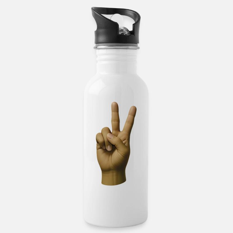 FRIEDENS-HAND #1 – Frieden & Liebe - Trinkflasche mit integriertem Trinkhalm - Weiß