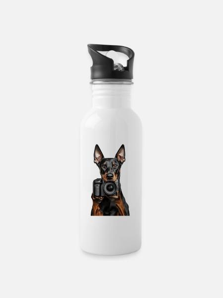 Dobermann - Trinkflasche mit integriertem Trinkhalm - Weiß