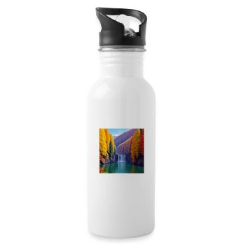 Waterfall Autumn Golden Forest - Water bottle with straw - white - Right