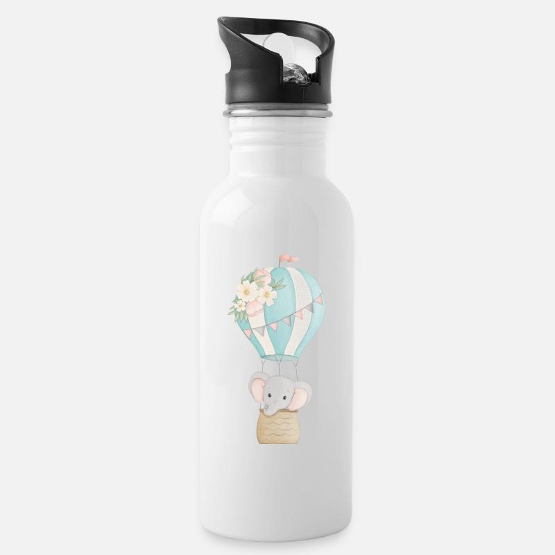 Elefant im Heißluftballon - Trinkflasche mit integriertem Trinkhalm - Weiß