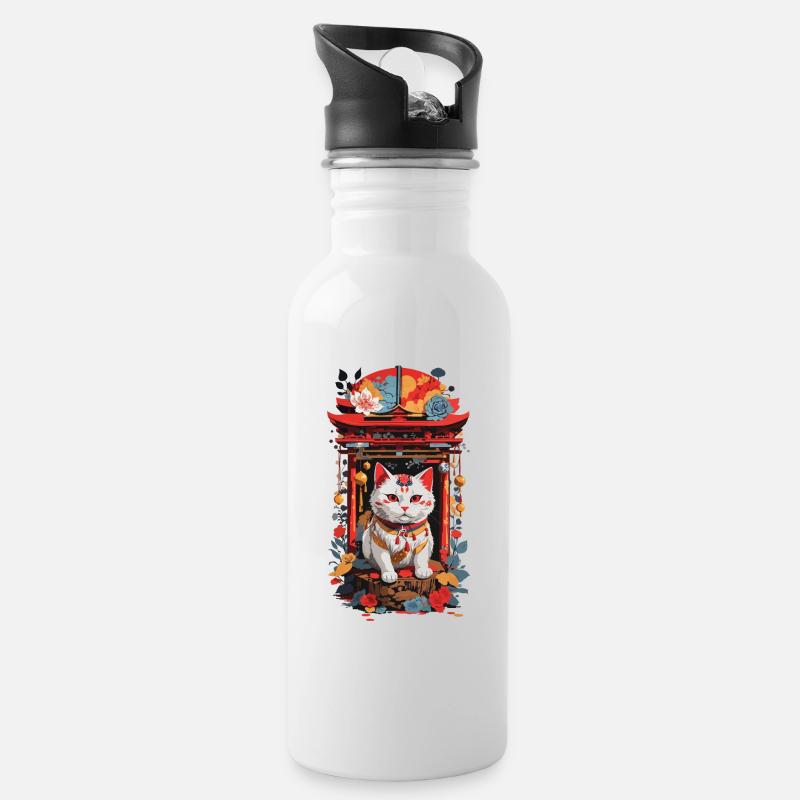 Maneki Neko Glückskatze im japanischen Schrein - Trinkflasche mit integriertem Trinkhalm - Weiß