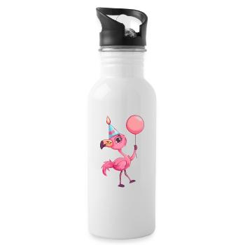 Flamingo Geburtstag Comic - Trinkflasche mit integriertem Trinkhalm - Weiß - Rechts