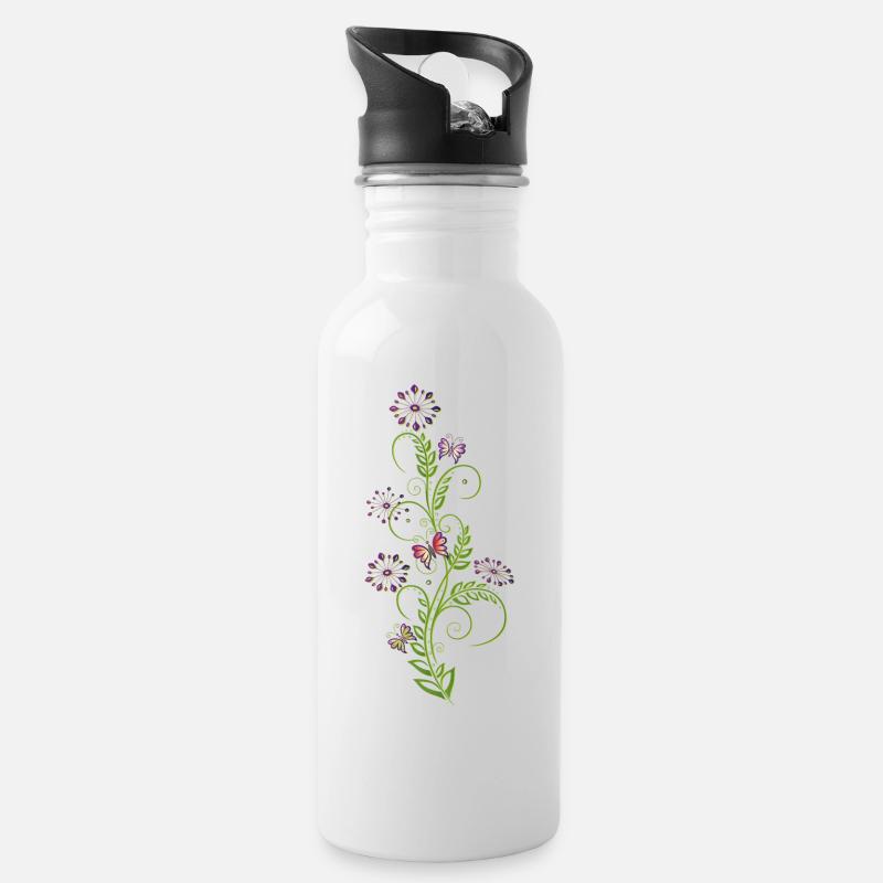 Ranke mit Blumen, Blättern und Schmetterlingen - Trinkflasche mit integriertem Trinkhalm - Weiß