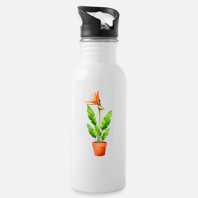 Strelitzie - Trinkflasche mit integriertem Trinkhalm - Weiß