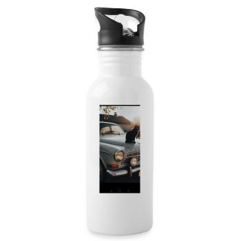 Black cat on vintage car - Water bottle with straw - white - Right