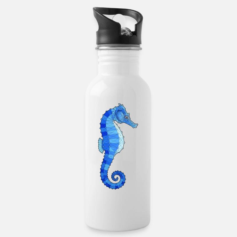 Geometrisches Blaues Seepferd-Print - Trinkflasche mit integriertem Trinkhalm - Weiß