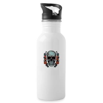 Cooler Hipster Totenkopf mit Brille und Rosen - Trinkflasche mit integriertem Trinkhalm - Weiß - Rechts