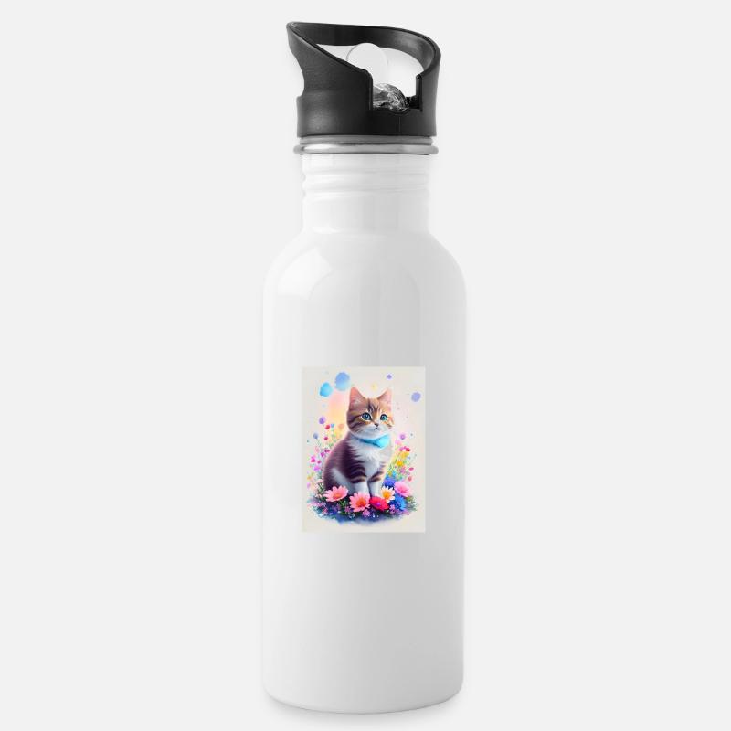 Süßes Kätzchen - Trinkflasche mit integriertem Trinkhalm - Weiß