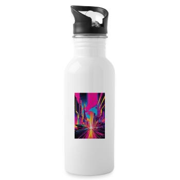 Vibrant Neon Cityscape, Futuristic Urban Art - Water bottle with straw - white - Right