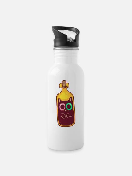 Katze in Flasche - Trinkflasche mit integriertem Trinkhalm - Weiß