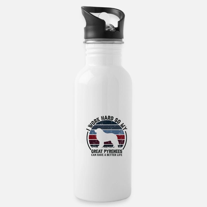 Arbeite Hart - Retro Great Pyrenees - Trinkflasche mit integriertem Trinkhalm - Weiß