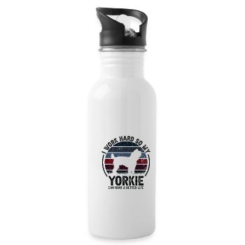 Arbeit Hart - Retro Yorkie - Trinkflasche mit integriertem Trinkhalm - Weiß - Rechts