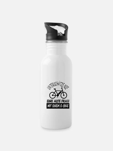 Alte Frau fährt E bike Radfahren Radsport Geschenk - Trinkflasche mit integriertem Trinkhalm - Weiß
