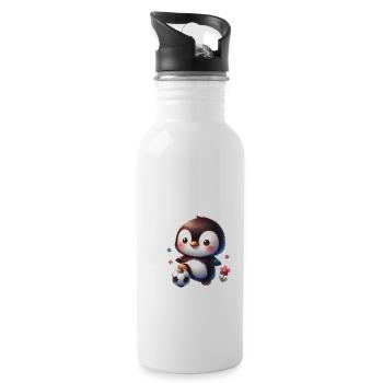 Pinguin Vogel Fußballspieler Ball Champion Fan - Trinkflasche mit integriertem Trinkhalm - Weiß - Rechts
