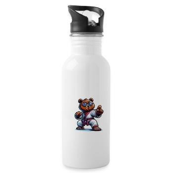 Karate Bär in Action mit Brille - Trinkflasche mit integriertem Trinkhalm - Weiß - Rechts