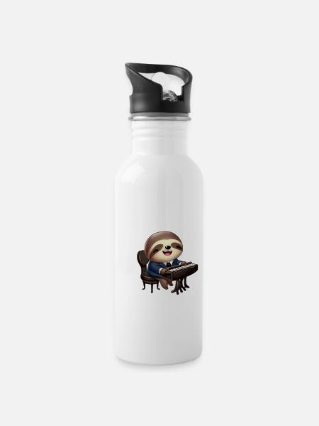 Faultier am Klavier - Trinkflasche mit integriertem Trinkhalm - Weiß