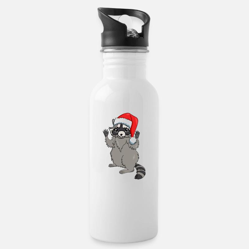 Waschbär mit Weihnachtsmütze - Trinkflasche mit integriertem Trinkhalm - Weiß