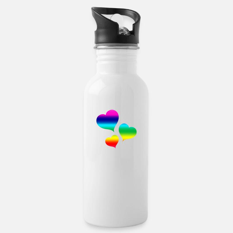 Bunte Herzen - Trinkflasche mit integriertem Trinkhalm - Weiß