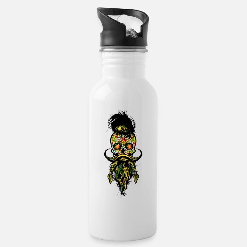 Kopf des mexikanischen Hipsters des Todes Bart Bart Bart - Trinkflasche mit integriertem Trinkhalm - Weiß