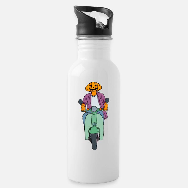 Pumpkin Rider on Mint Scooter - Water bottle with straw - white