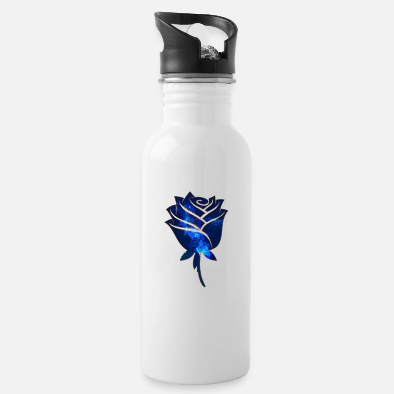 Blaue Rose - Trinkflasche mit integriertem Trinkhalm - Weiß