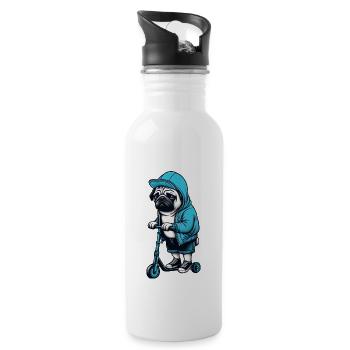 Lustiger Mops auf Roller Comic Cartoon Cool Hund - Trinkflasche mit integriertem Trinkhalm - Weiß - Rechts