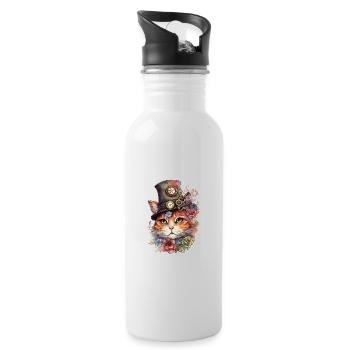 Steampunk Katze mit Hut - Trinkflasche mit integriertem Trinkhalm - Weiß - Rechts
