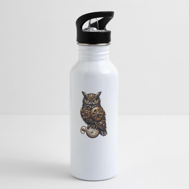 Clockwork Sentinel: Steampunk-Eule mit Getriebe Trinkflasche mit integriertem Trinkhalm
