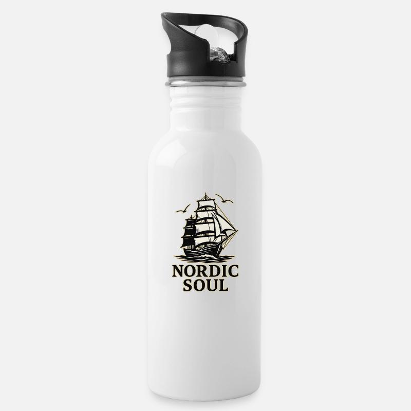 Nordic Soul – Maritimes Vintage Segelschiff Design - Trinkflasche mit integriertem Trinkhalm - Weiß