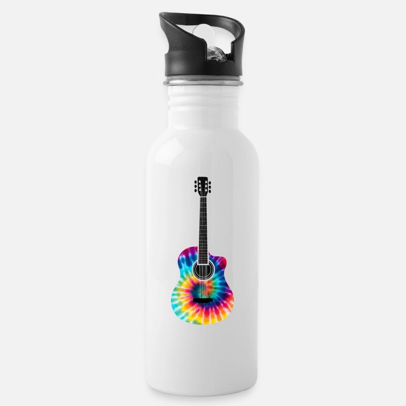 Mehrfarbiges Batik-Gitarrendesign - Trinkflasche mit integriertem Trinkhalm - Weiß