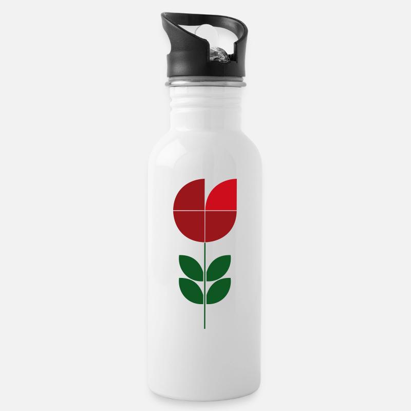 Fleur Minimaliste Rouge Vert - Gourde avec paille intégrée - blanc