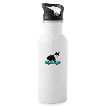 Funny Cat Skateboarding - Water bottle with straw - white - Right