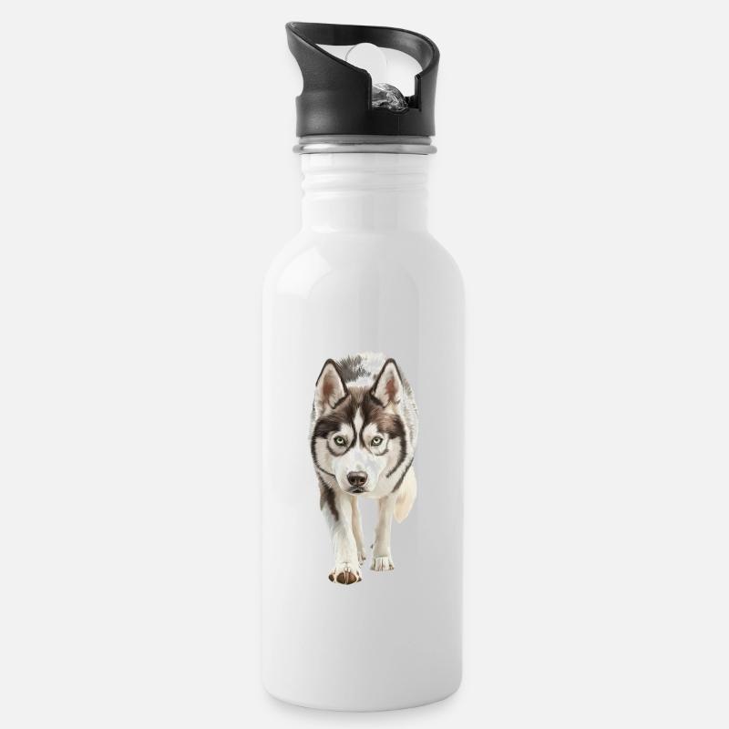 Sibirischer Husky - Trinkflasche mit integriertem Trinkhalm - Weiß