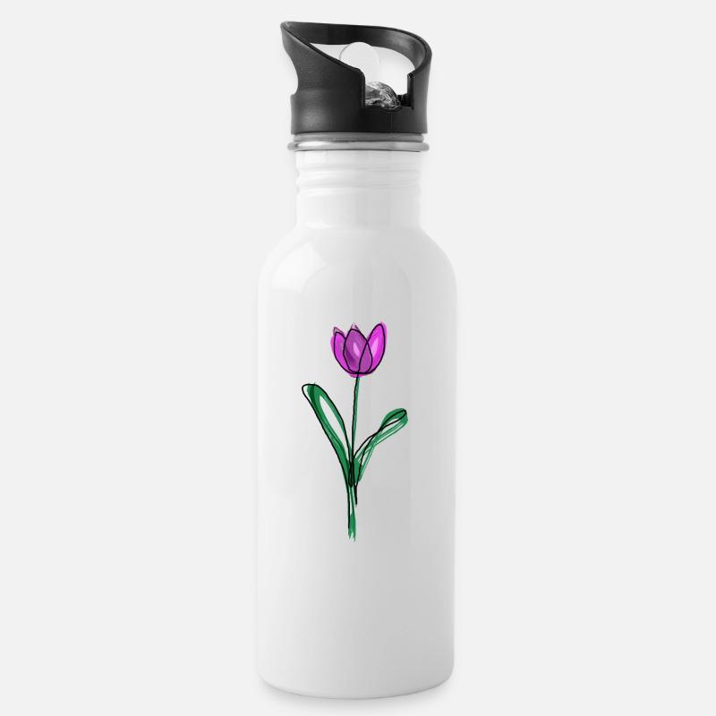 Lila Tulpe - Trinkflasche mit integriertem Trinkhalm - Weiß