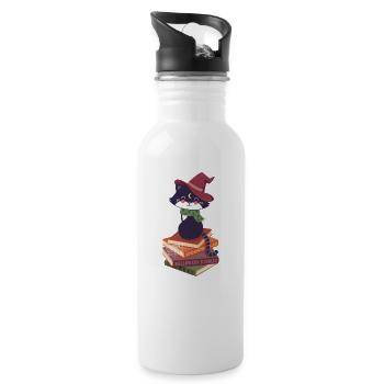 black cat on Halloween book pile - Water bottle with straw - white - Right