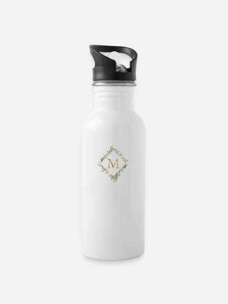 M Monogramm Eukalyptus Kranz - Trinkflasche mit integriertem Trinkhalm - Weiß