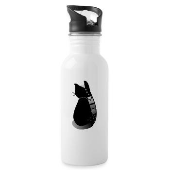 Tender and decorated black cat - Water bottle with straw - white - Right