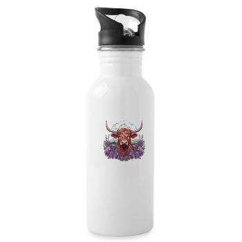 Rustic Scottish Highland cow landscape and - Water bottle with straw - white - Right