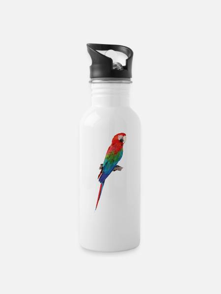 Grünflügelaras - Trinkflasche mit integriertem Trinkhalm - Weiß