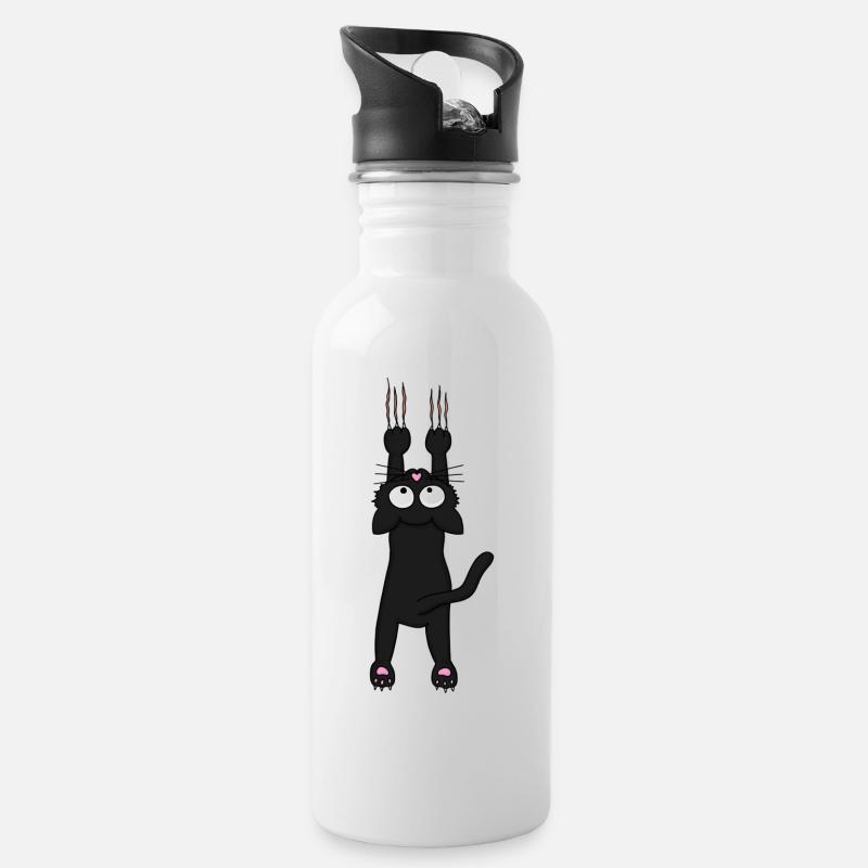 Schwarze Katze (neu) - Trinkflasche mit integriertem Trinkhalm - Weiß