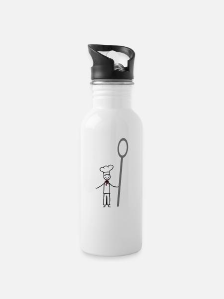 Chefkoch, Koch mit Kochlöffel und Kochmütze - Trinkflasche mit integriertem Trinkhalm - Weiß