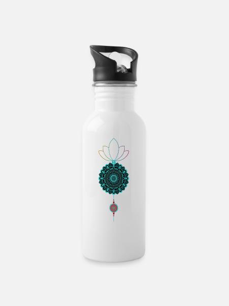 Mandala-Lotus Farbspiel - Trinkflasche mit integriertem Trinkhalm - Weiß