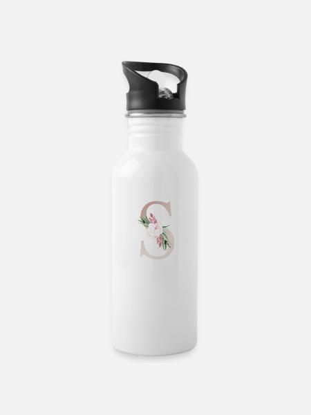 Personalisierbar Monogramm S Floral - Trinkflasche mit integriertem Trinkhalm - Weiß