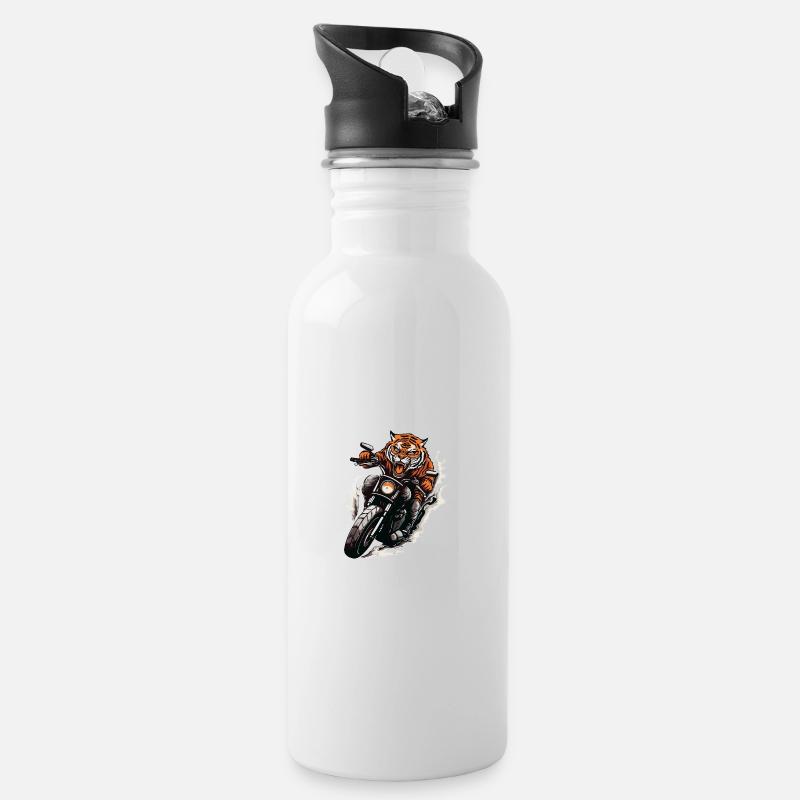 Tiger Motorrad Biker Beast - Trinkflasche mit integriertem Trinkhalm - Weiß