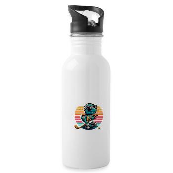 Cooler Retro Dinosaurier Dino Feldhockey Spieler - Trinkflasche mit integriertem Trinkhalm - Weiß - Rechts