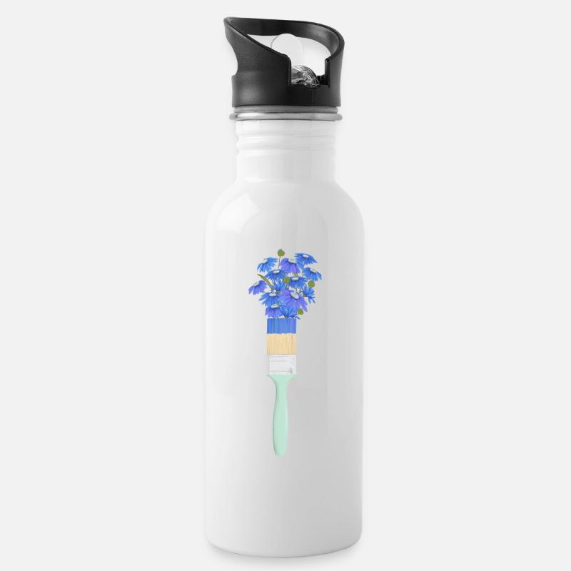 Floraler Pinsel - Trinkflasche mit integriertem Trinkhalm - Weiß
