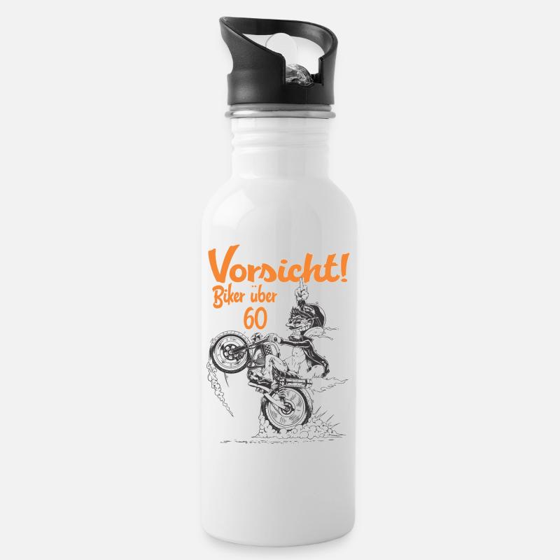 Bikerdesign Biker über 60 Vorsicht - RAHMENLOS® - Trinkflasche mit integriertem Trinkhalm - Weiß